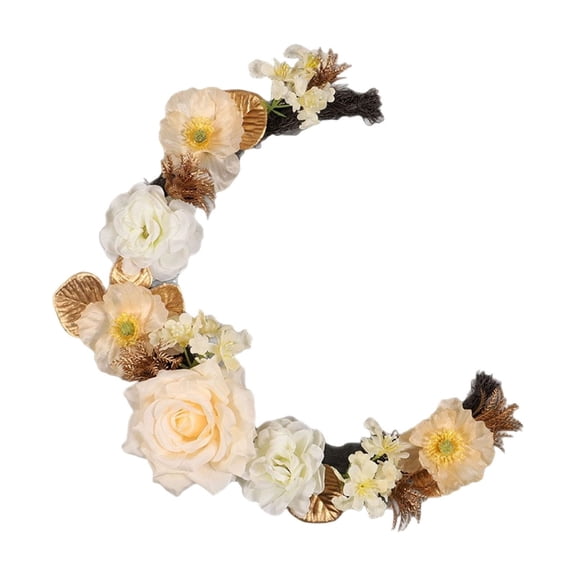 3D 33cm Easter Moon Hanging Flower Wreath Pendant Front Door Home Spring Flower Wreath Artificial Rose Holiday Decoration Half Moon Hanging Wreath for Door Wall Home