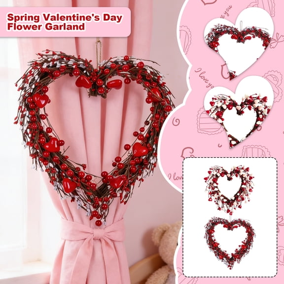 3D 42cm Valentine's Day Heart-shaped Wreath Spring Flower Wreath Valentine's Day Door Hanging Decoration