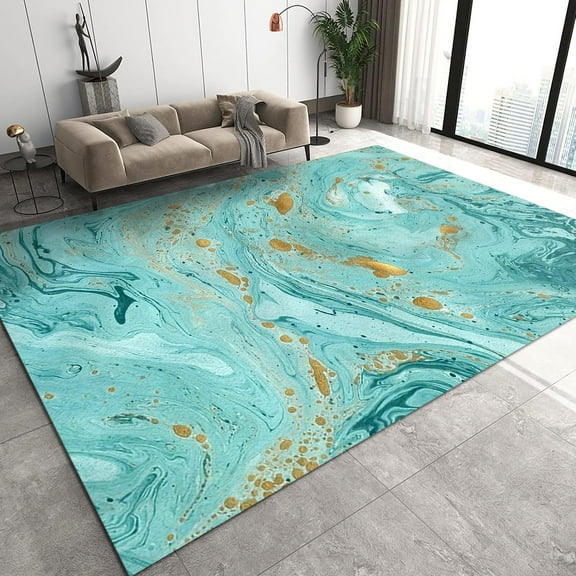 3D Abstract Green Marble Area Rugs, Gold Spots Oil Painting Door Mat, Large Area Rug Easy to Clean Fine Fluff Apply to Hotel Apartment Central Decoration,2'x3'