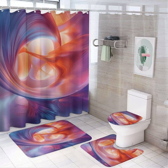 3D Abstract Lines 4PCS Shower Curtain Sets with Rugs with Non-Slip Bath Mat Toilet Rug,72" X 72"