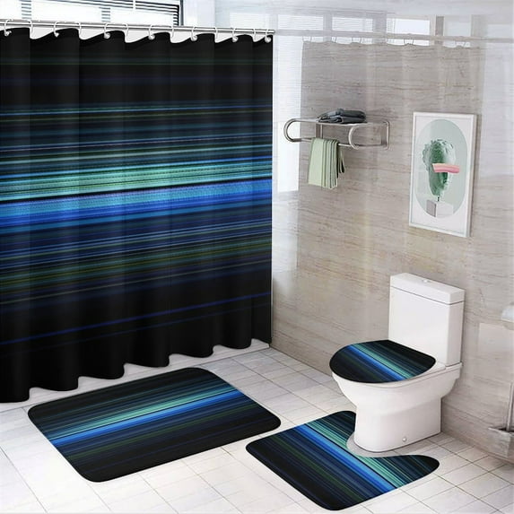 3D Abstract Lines 4PCS Shower Curtain Sets with Rugs with Non-Slip Bath Mat Toilet Rug,72" X 72"
