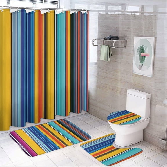 3D Abstract Lines 4Pcs Shower Curtain Set Shower Curtain Set with Carpet Bath Mat