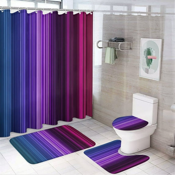 3D Abstract Lines 4Pcs Shower Curtain Set Shower Curtain Set with Carpet Bath Mat