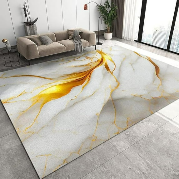 3D Abstract Marble Area Rugs, Gold White Oil Painting Art Apartment Carpet, Bathroom Rugs High Density Dust-Proof Apply To Living Room Study Bedroom 4x6ft