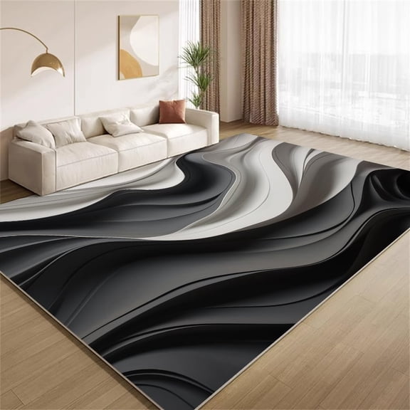 3D Abstract Wave Area Rugs, Black White Fluid Carpet, Washable Non Slip Low Pile Soft Rug for Living Room Bedroom Study Office Hallway Decor Mat 5ftx8ft