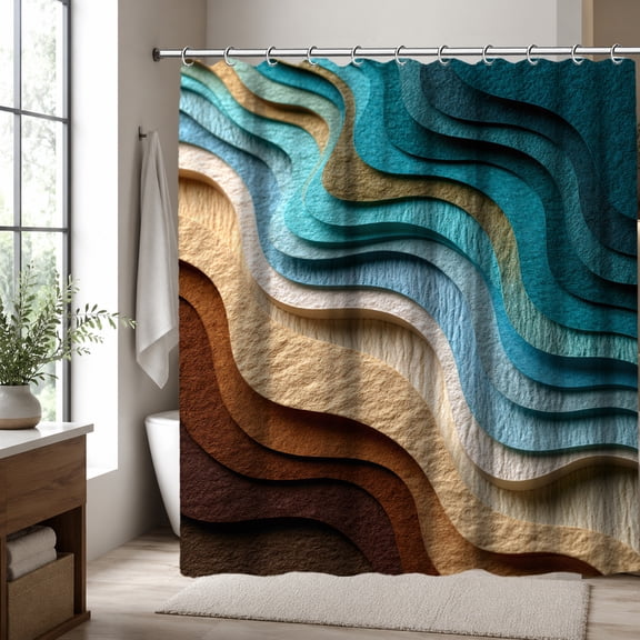 3D Abstract Wave Shower Curtain, Modern Textured Geometric Bathroom Curtain with Layered Ocean Blue and Neutral Tones, Contemporary Luxury Shower Curtain, 70.87 x 70.87 Inch