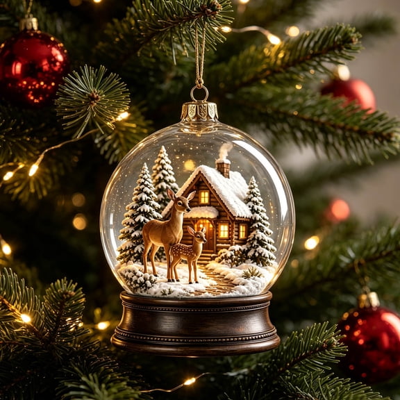 3D Acrylic Christmas Ornament, Winter Cabin Deer, Break-Resistant Hanging Decoration