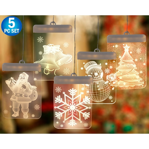 3D Acrylic Christmas Window Light Decorations - Hanging Decor With Icicle Strings : Santa, Snowflake, Snowman,Tree & Bells - Holiday Ornament Curtain Lights - Battery 5PC Set