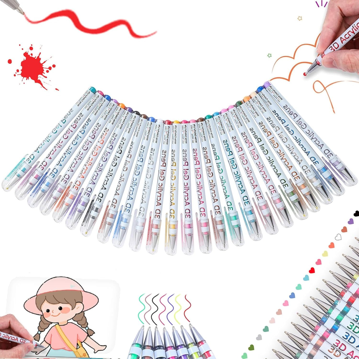 3D Acrylic Gel Pens, 12/24 Colors 3D Acrylic Pen 1.0 mm, Quick Dry Gel Pens Acrylic Markers Write Colorful Life for Coloring Books Painting (24 Colors)