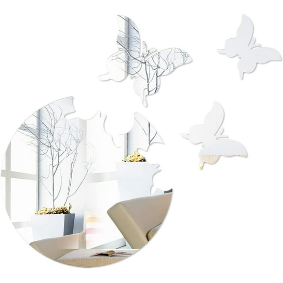 3D Acrylic Mirror Stickers Wall Decal Decoration Butterfly Mural Sticker Removable Self Adhesive for DIY Home Living Room Bedroom Window Silver