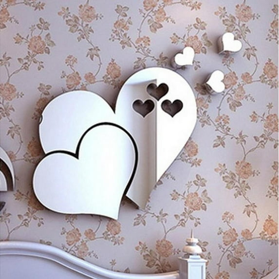 3D Acrylic Mirror Wall Decal Stickers Acrylic Mirror Decor Removable Wall Art Decals DIY Love Hearts Mural Stickers for Office Home Dorm Decor (Silver)