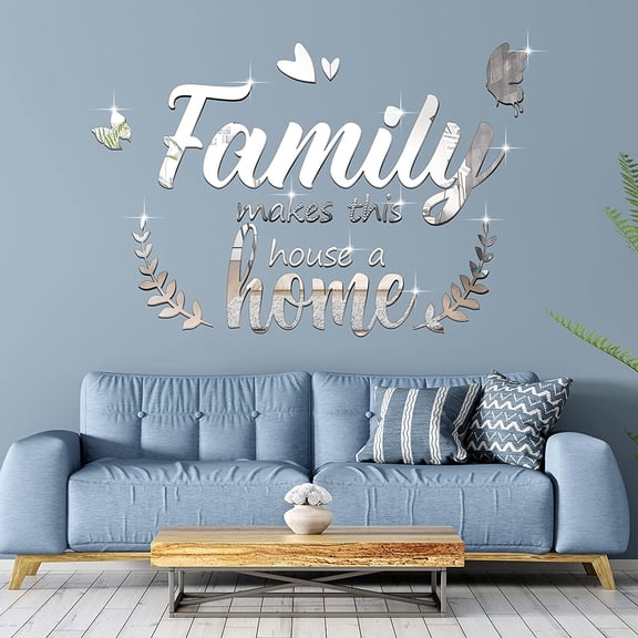 3D Acrylic Mirror Wall Decor, Family Mirror Wall Letter Stickers, DIY Removable Family Makes This House a Home Art Decals, Inspirational Quote Decal, for Home Living Room Bedroom(Silver)