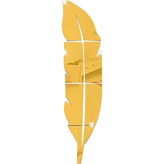 3D Acrylic Mirror Wall Sticker Wall Art Decals Decor Feather Shaped Self Adhesive Removable Eco-Friendly for Home Kitchen Bedroom Living Room Bathroom Decoration 12 x 48inch Gold Color
