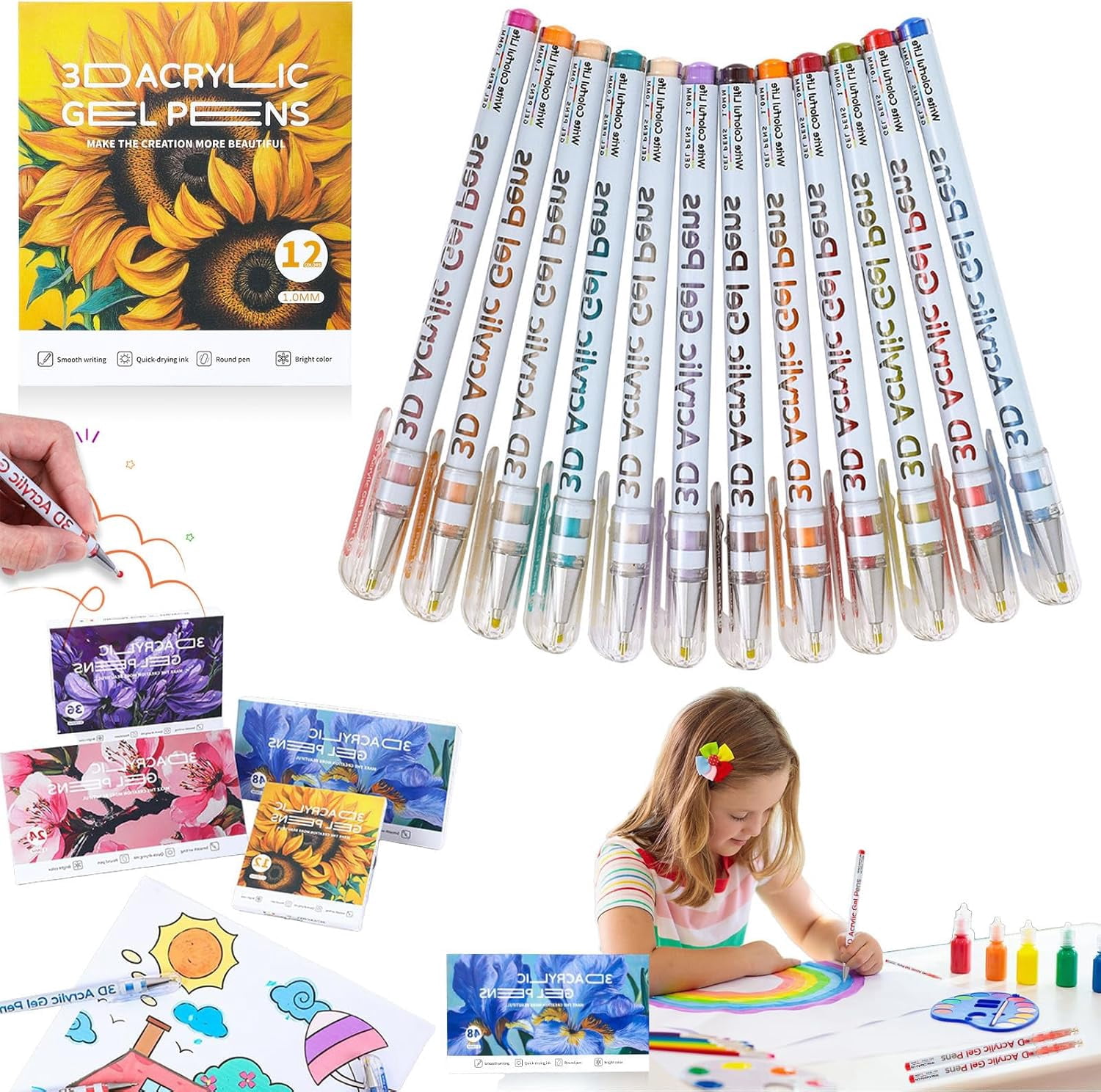 3D Acrylic Pen, 1.0 mm 3D Acrylic Gel Pens Write Colorful Life, 2025 New 3D Acrylic Paint Markers, Acrylic Pens Paint Pens Glitter Gel Pens Stick for Coloring, Writing (12 Colors)