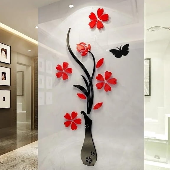 3D Acrylic Vase Plum Flower Tree Wall Stickers MultiPiece Vase Flower Tree Artistic Stickers Romantic DIY Living Room Bedroom