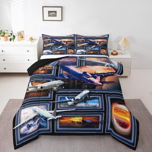 3D Airplane Bedding Set,Aircraft Queen Comforter Set for Kids Teens Adults,Vintage Patchwork Bed Set,Air Plane Down Comforter Bedroom Decor