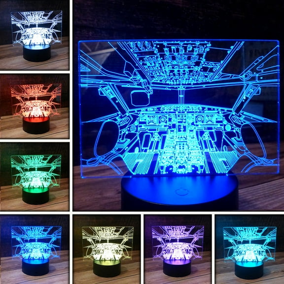 3D Airplane Cockpit Desk Light, 7 Color LED Base Lamp with USB, Battery, and a Touch control Rotating Fade or Solid Color mode. A perfect Nightlight for Kids or a unique gift for any age.