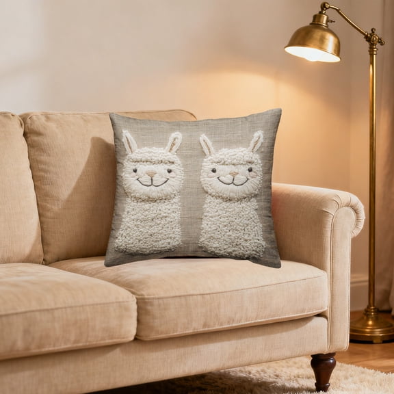 3D Alpaca Print Pillow Cover 45x45cm Short P Material with Embroidery-Style Animal Pattern Soft Cushion Cover Home Decor