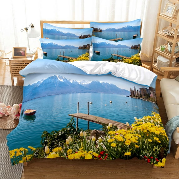 3D Alpine Flowing Water Forest View Duvet Cover King Double Size Women Kids Teens Warm Soft Gifts Bedroom ration