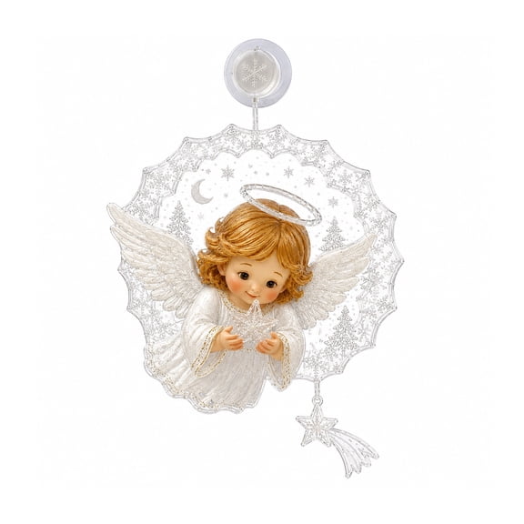 3D Angel Christmas Decoration with Warm LED Light, Suction Cup Window Display, 7 x 7 Inches