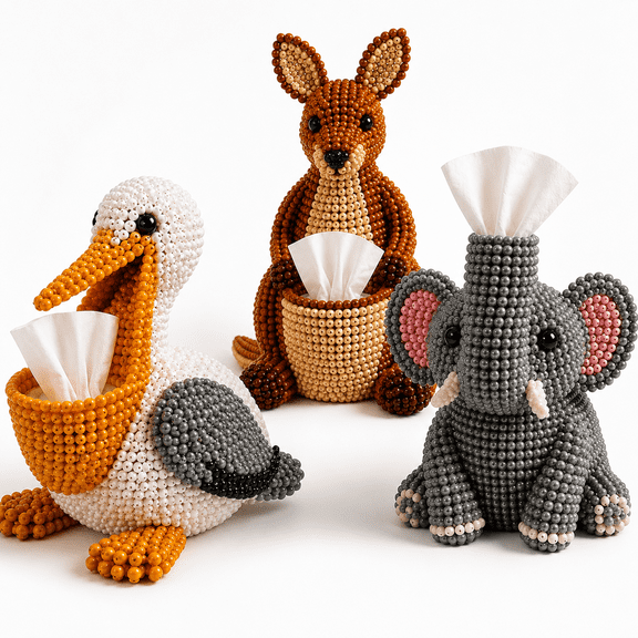 3D Animal Beaded Tissue Box DIY Craft Kit, Pelican Kangaroo Elephant Bead Making Set, Beginner Handmade Tissue Holder for Home Decor & Holiday Gift