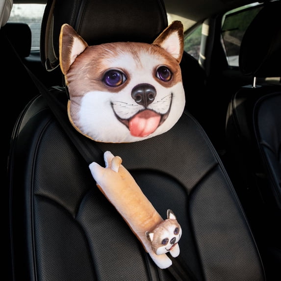 3D Animal Car Headrest Neck Pillow and Seat Belt Cover Set for Comfortable Travel Cute Husky Dog Design Universal Fit Premium Interior Accessory