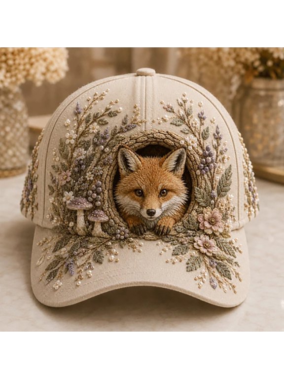 3D Animal Creatures Embroidery Cap, Adjustable Cotton Baseball Cap, Raised Embroidered Animal Hat for Hiking Travel(Fox)