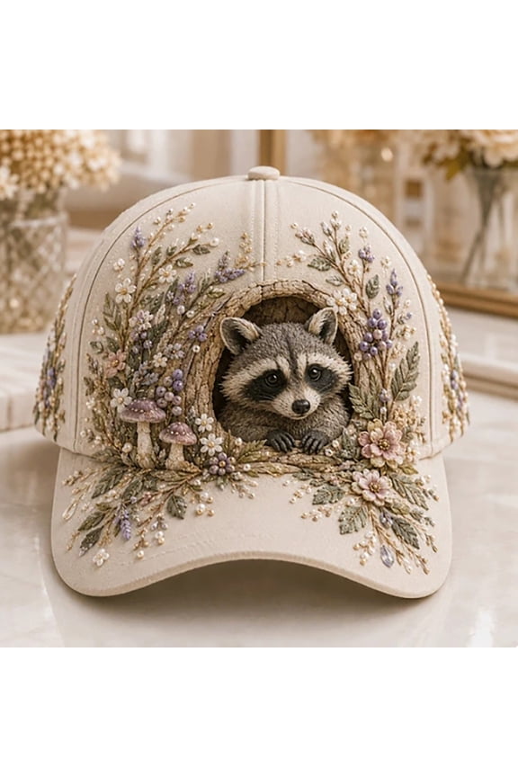 3D Animal Creatures Embroidery Cap, Adjustable Cotton Baseball Cap, Raised Embroidered Animal Hat for Hiking Travel(Raccoon)