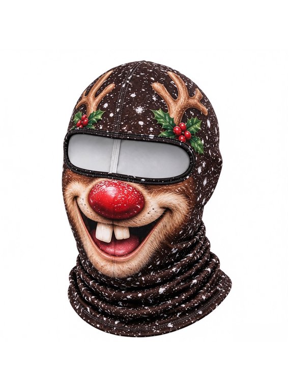 3D Animal Face Ski Mask, Funny Christmas Reindeer Print Face Mask Balaclava, Unisex Full Face Neck Winter Windproof Head Cover, Festive Holiday Mask for Skiing Motorcycle Christmas Party