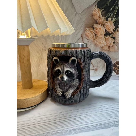 3D Animal Novelty Coffee Mugs, Handmade Raccoon Owl Tree Hole Mug, Funny Cute Reusable Drink Cups, Portable Personalized Drinkware for Tea Coffee, Pretty Animals Table Decoration, 4.92x5.83in