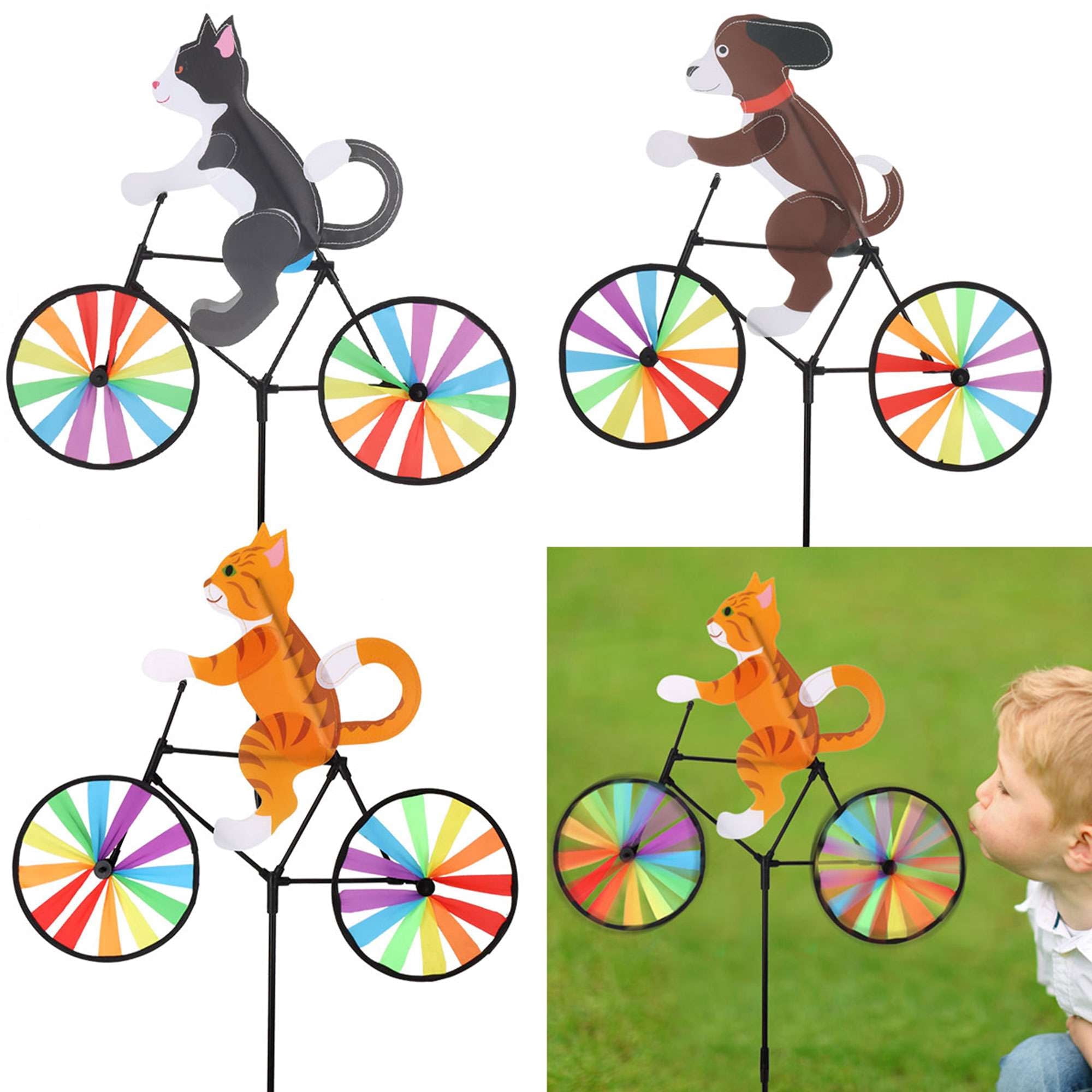 Animal Rising Bike 3D Animal Riding Bike Windmill, Cat Dog On Bicycle Wind Spinners with ...