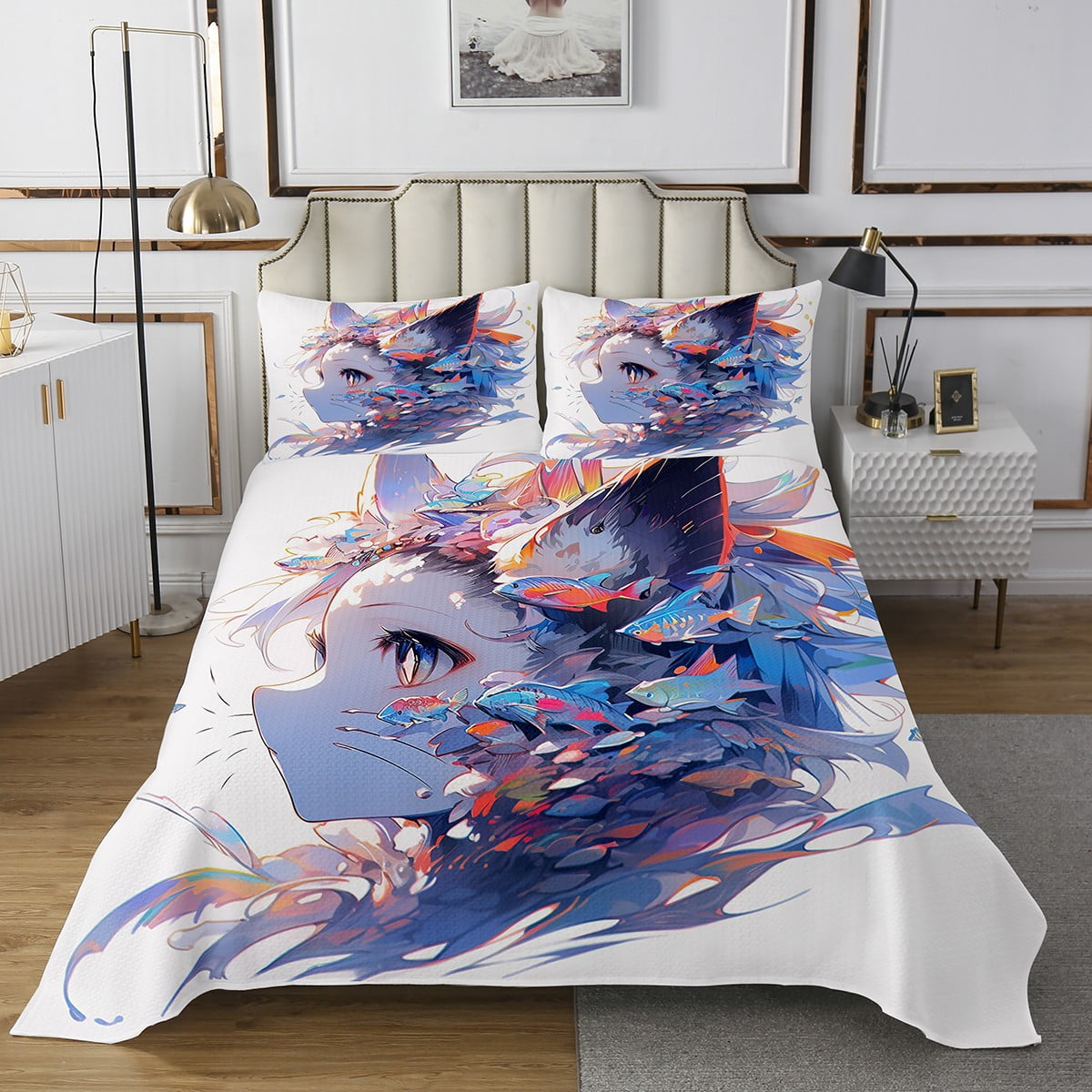 3D Anime Coverlet Set Japanese Girl Style Bedspread Set Queen for