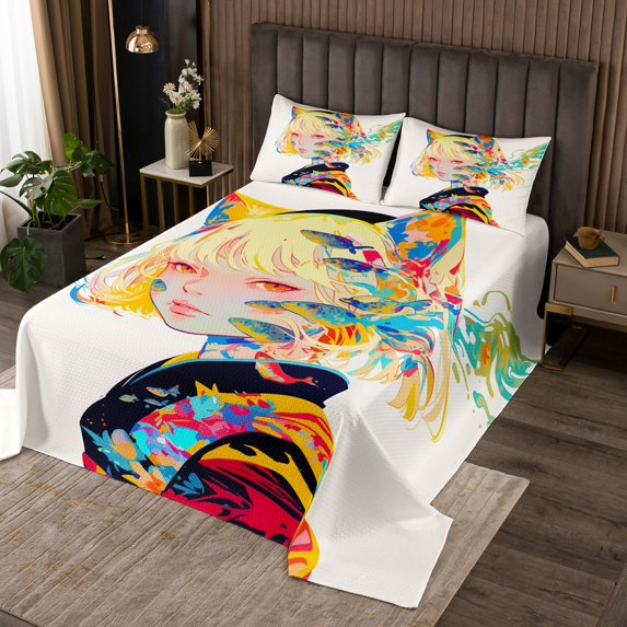 3D Anime Coverlet Set Japanese Style Bedspread Set Twin for Cartoon Fans Quilt Set, Kawaii Anime Design Pattern Bed Set with 1 Pillow Case, Anime Gifts Anime Lover