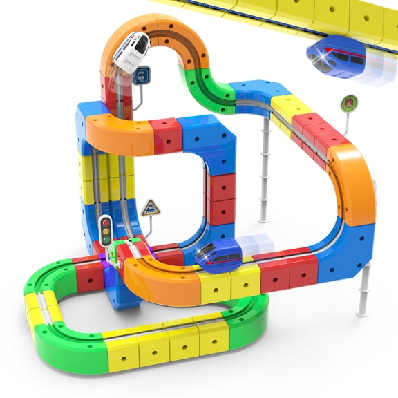 3D Anti-Gravity Electric Train Set for Kids Ages 3-8 - 92 PCS Flexible DIY Race Track Building Toy (60 Track Blocks, 2 Motorized Trains), STEM Educational Birthday Gift for Boys Girls