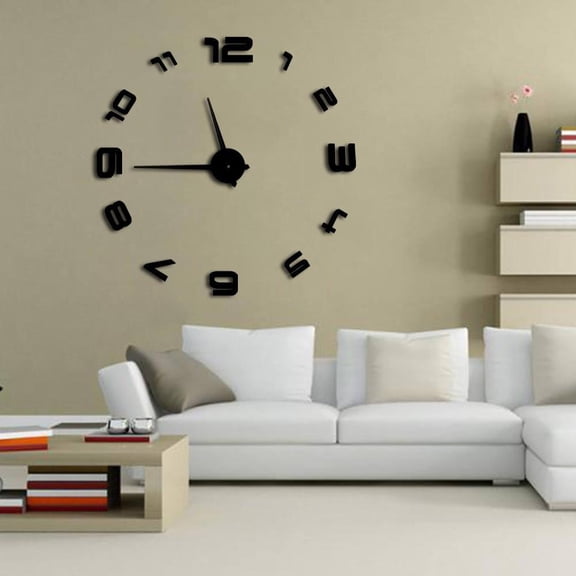 3D Arabic Numerals Big Wall Clocks Modern Design Large Frameless Wall Watch Decorative Clock Mirror Effect Living Room Wall Decor(Black,27inch)