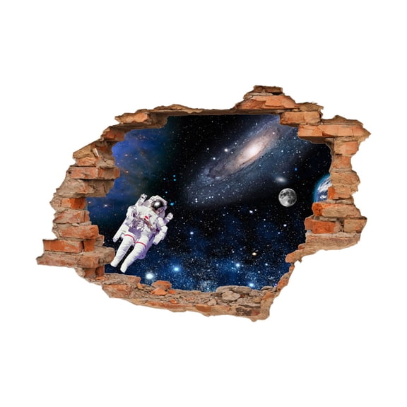 3D Astronaut Space Wall Decal - Fake Broken Wall Window Sticker With Galaxy, Moon & Starry Sky Design - For Living Room Bedroom Home Decor