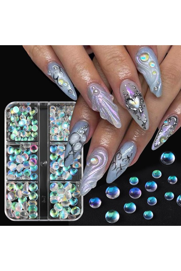 3D Aurora Bubble Beads Nail Art Charms, Mixed Sizes Iridescent Shiny Dewdrop Water Droplets Resin Flatback Rhinestones for Nail Crystals Design Nail Art Jewels Accessories DIY Nail Supply