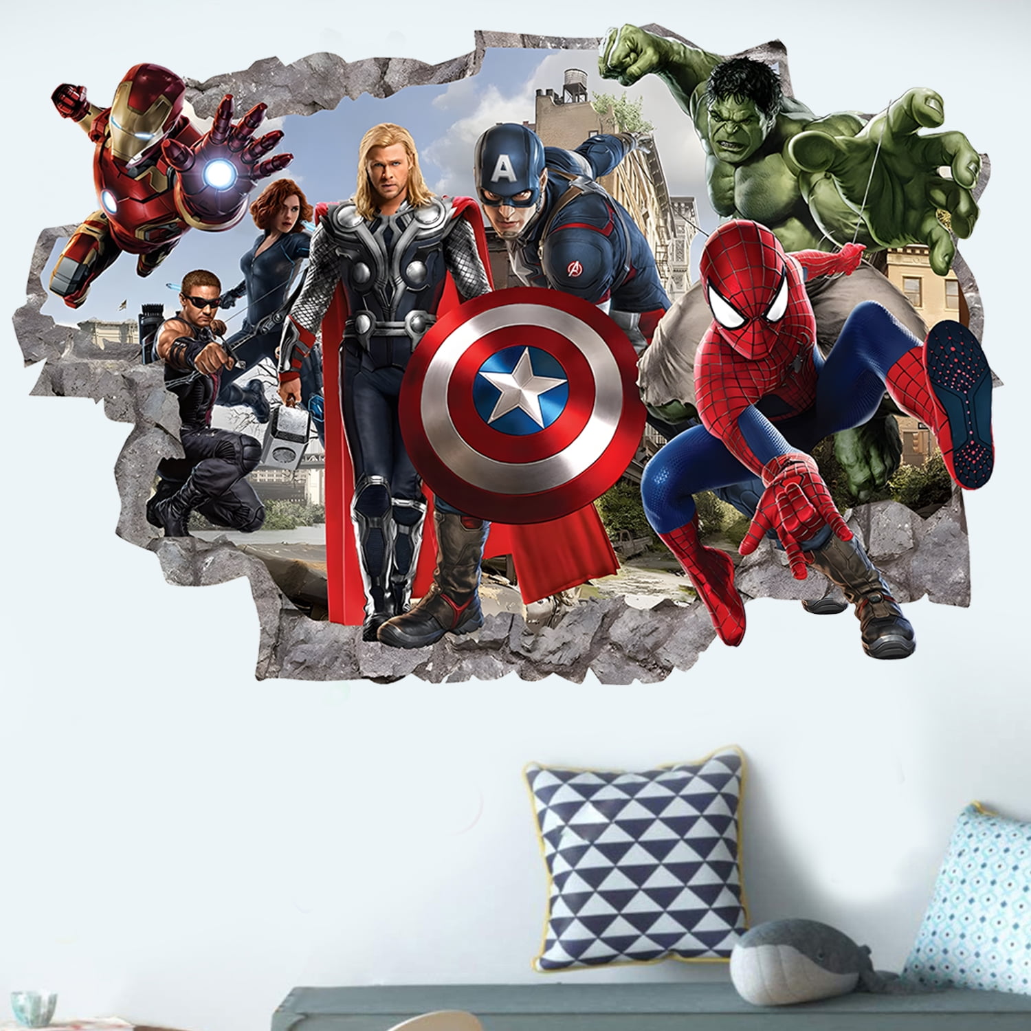 3D Avengers Breaking Through Wall Sticker 3D Hulk Captain America Children Boys Wall Decals Peel and Stickers for Walls Bedroom Living Room Home Decor(15.7X23.7) Inch