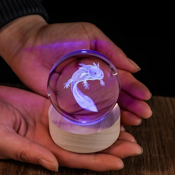3D Axolotl Crystal Ball Night Light, 2.36 Inch Color Gradient LED Illuminated Orb, USB Powered Salamander Figurine Atmosphere Lamp, Decor Gift for Pet Lovers & Nature Fans