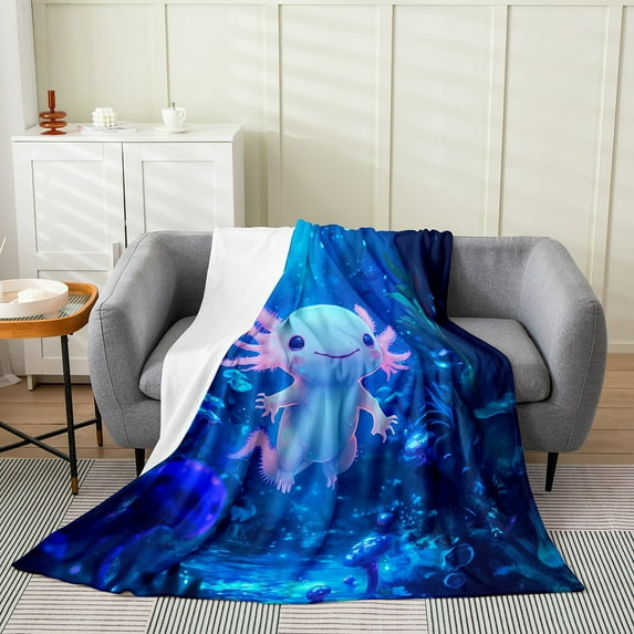 3D Axolotl Throw Blanket Twin 60x80 Inch Sofa Bed Couch Decor,Watercolor Jellyfish Fleece Blanket Teens Adults,Coastal Animal Flannel Blanket,Cute Salamander Bed Blanket