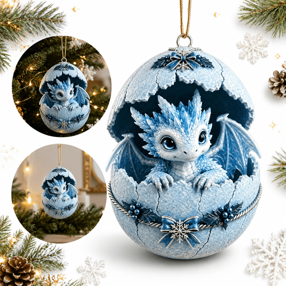 3D Baby Dragon Egg Christmas Ornament, Resin Hanging Tree Decor, Fantasy Holiday Decoration for Tree, Wreath, Garland, Blue, 3.15 in