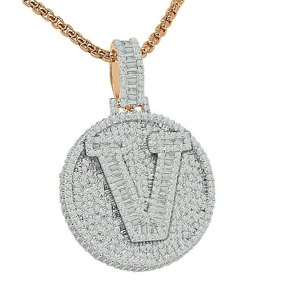 3D Baguette Round Bezel Rose Gold Initial Letter V Alphabet Charm Pendent + Chain