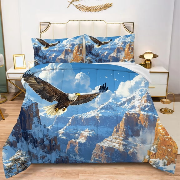3D Bald Eagle Pattern Comforter Set Twin Size Eagle Flying Over Snow Mountains Scene Print Bedding Set Blue Sky White Clouds Landscape Quilt Set with 1Pillowcase