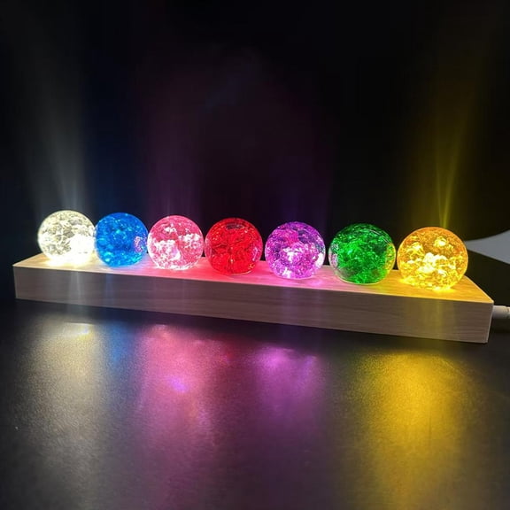 3D Ball Night Light, USB 1.5inch Glass Ball Atmosphere Light, Pack of 7 Coloured Ice Broken LED Ball Lamp, with Wooden Base