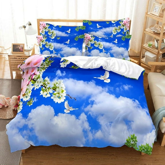 3D Balloon King Duvet Cover Blue Sky Cloud Bedding Set for Kids Teens Adults Hot Air Balloon 2/3pcs Polyester Quilt Cover