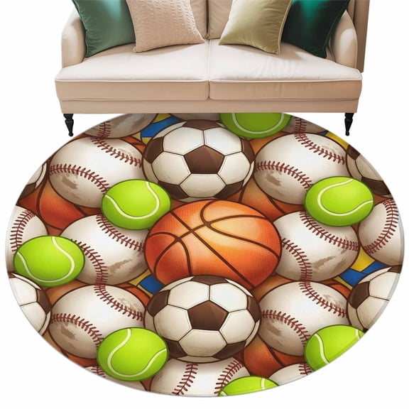 3D Balls Sports Round Rug 8ft Washable Circle Rugs Non Slip Basketball Baseball Football Large Area Rug Indoor Floor Carpet for Bedroom Kitchen Living Room Home Office Dining Room Nursery