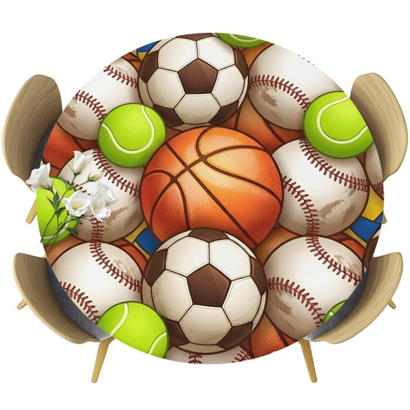 3D Balls Sports Round Tablecloth 45-54 Inch Round Fitted Table Cloth with Elastic Edge, Basketball Baseball Football Waterproof Table Cover Protector for Outdoor Picnic Party Dining