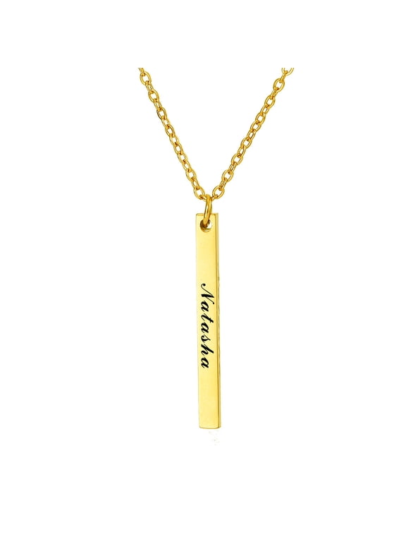 3D Bar Custom Name Necklace for Men Women, Gold Plated Stainless Steel Personalized Nameplate Pendant Necklaces, Cross Chain, 6 Chain Length Options