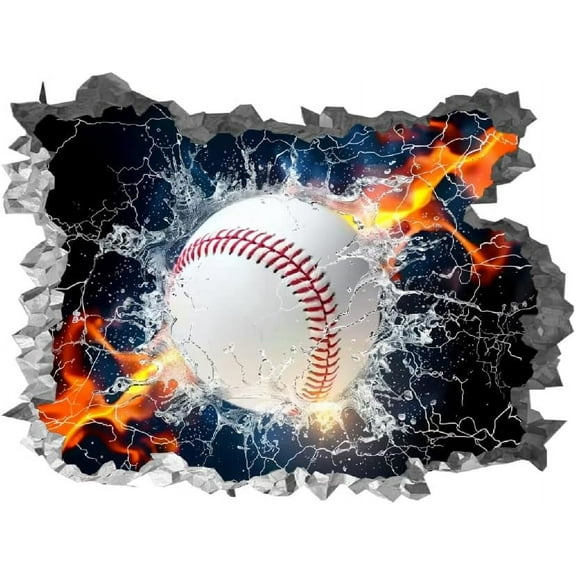 3D Baseball Wall Sticker Breaking Wall Decal Baseball in Fire and Water Decor Nursery Sticker Vinyl Peel and Stick for DIY Bathroom Restroom Playroom Decoration