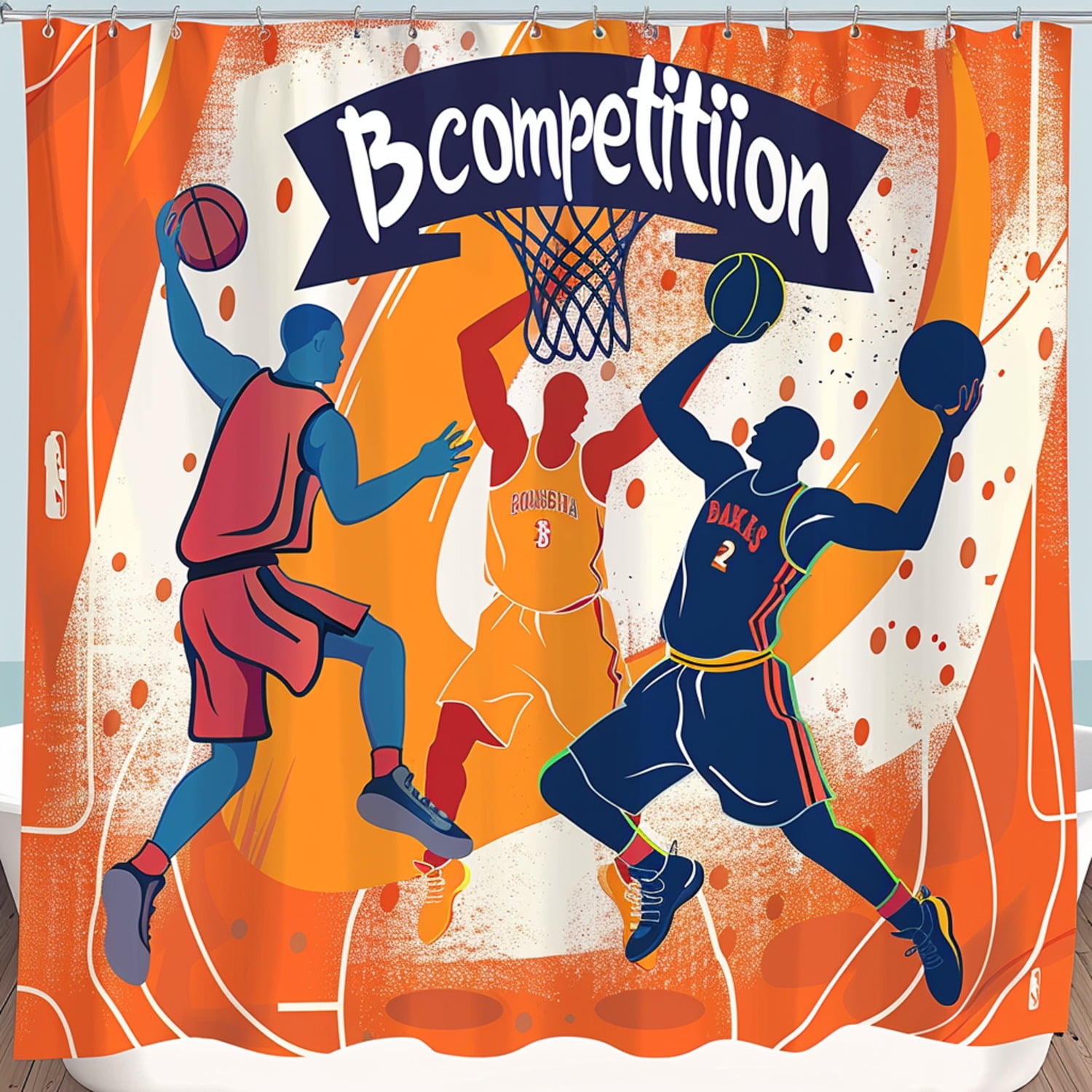 3D Basketball Players Shower Curtain Vibrant Orange Design '49er Beasts' Theme High Resolution